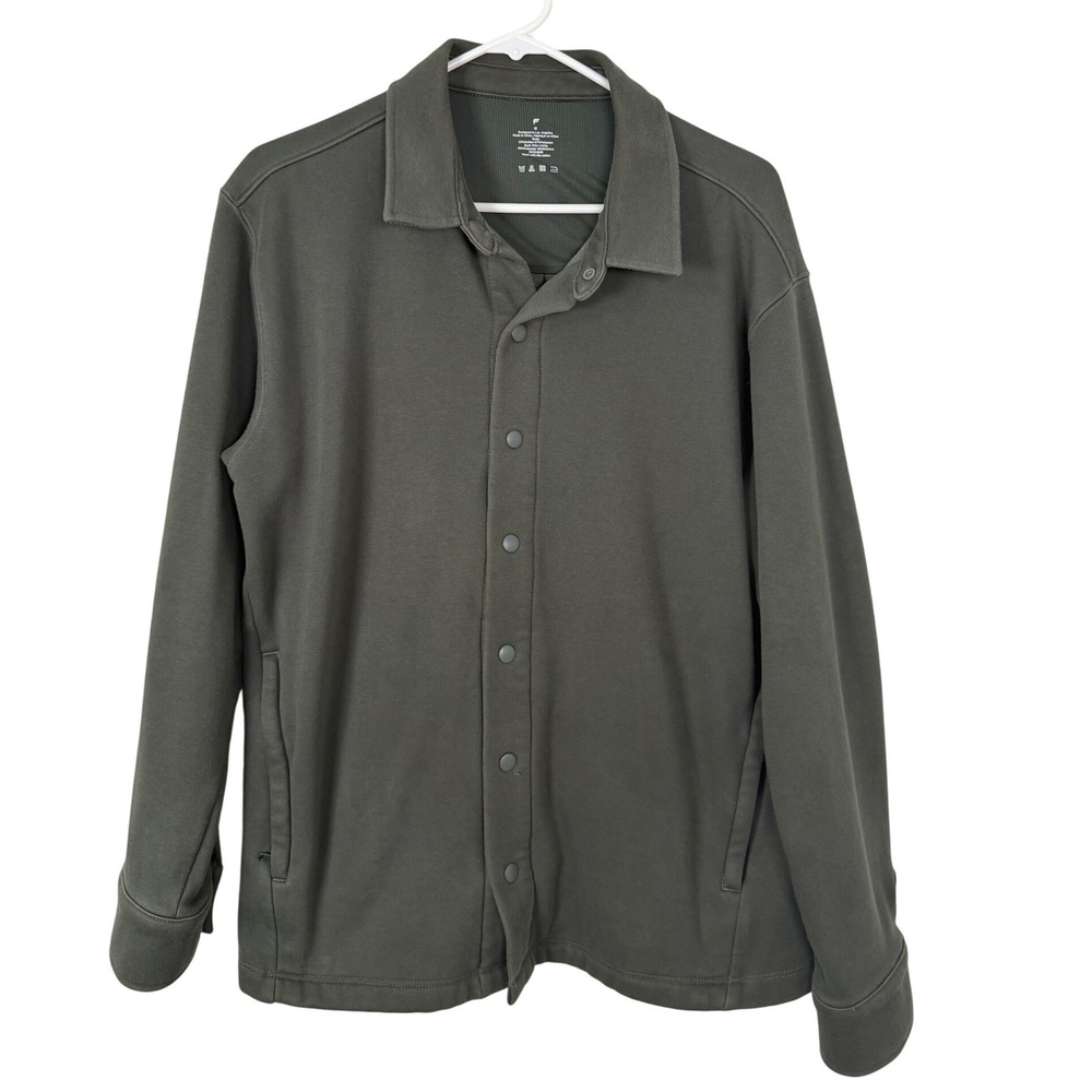 Fabletics Mens Medium Dark Green Snap Front Tech Shirt Jacket Long Sleeve Pocket